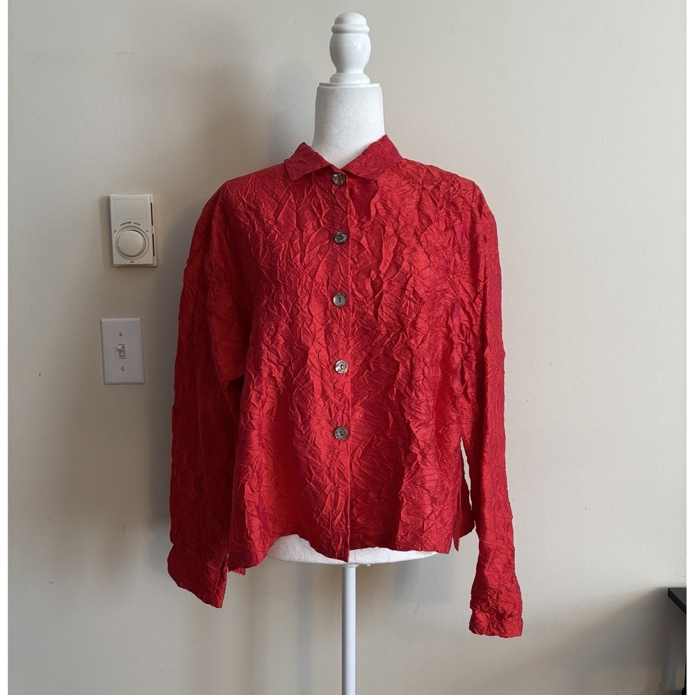 Vintage 100% SILK Crinkle Textured Blouse Gerties Womens Medium Oversized Red‎